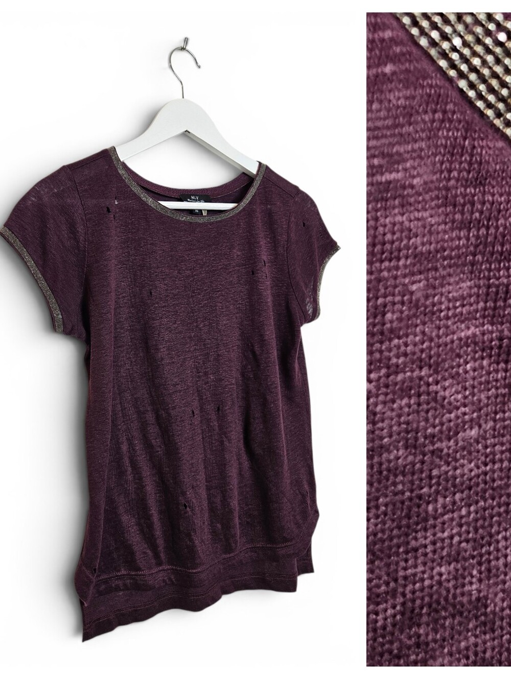 MLV Maison La Vie Distressed Linen Burgundy Chain Trim XS Boho Grunge Y2K Goth